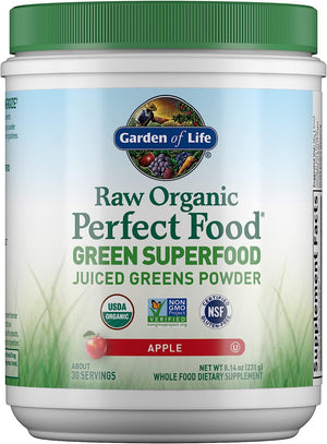 Garden of Life Raw Organic Perfect Food Green Superfood Juiced Greens Powder - Apple Flavor, 30 Servings - Vegan Gluten Free Whole Food Dietary Supplement, Greens plus Probiotics & Enzymes
