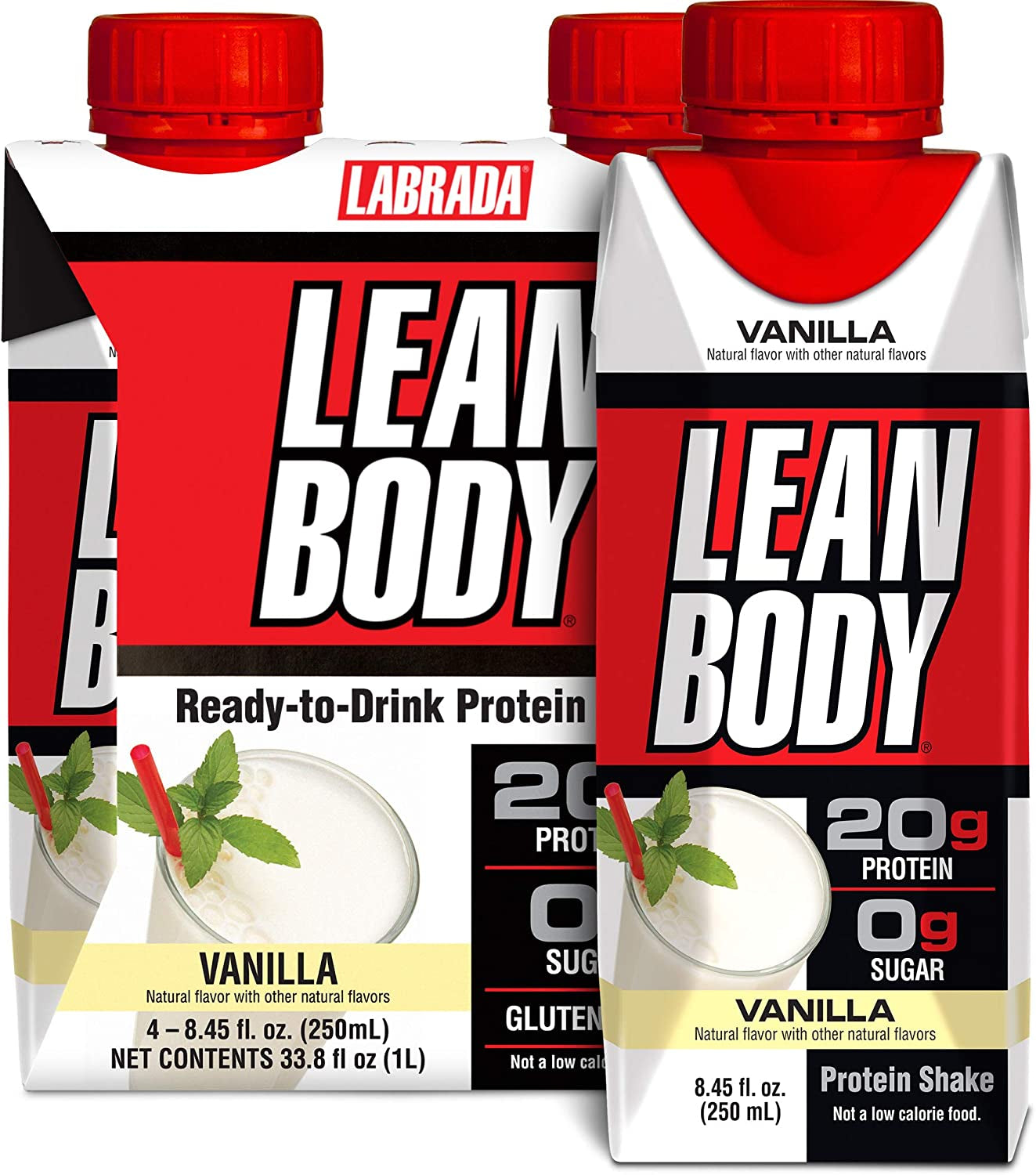 Lean Body Ready-To-Drink Vanilla Protein Shake, 20G Protein, Whey Blend, 0 Sugar, Gluten Free, 22 Vitamins & Minerals, (Recyclable Carton & Lid - Pack of 4)
