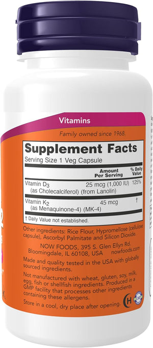 Supplements, Vitamin D-3 & K-2, 1,000 IU/45 Mcg,Plus Cardiovascular Support*, Supports Bone Health*, 120 Veg Capsules