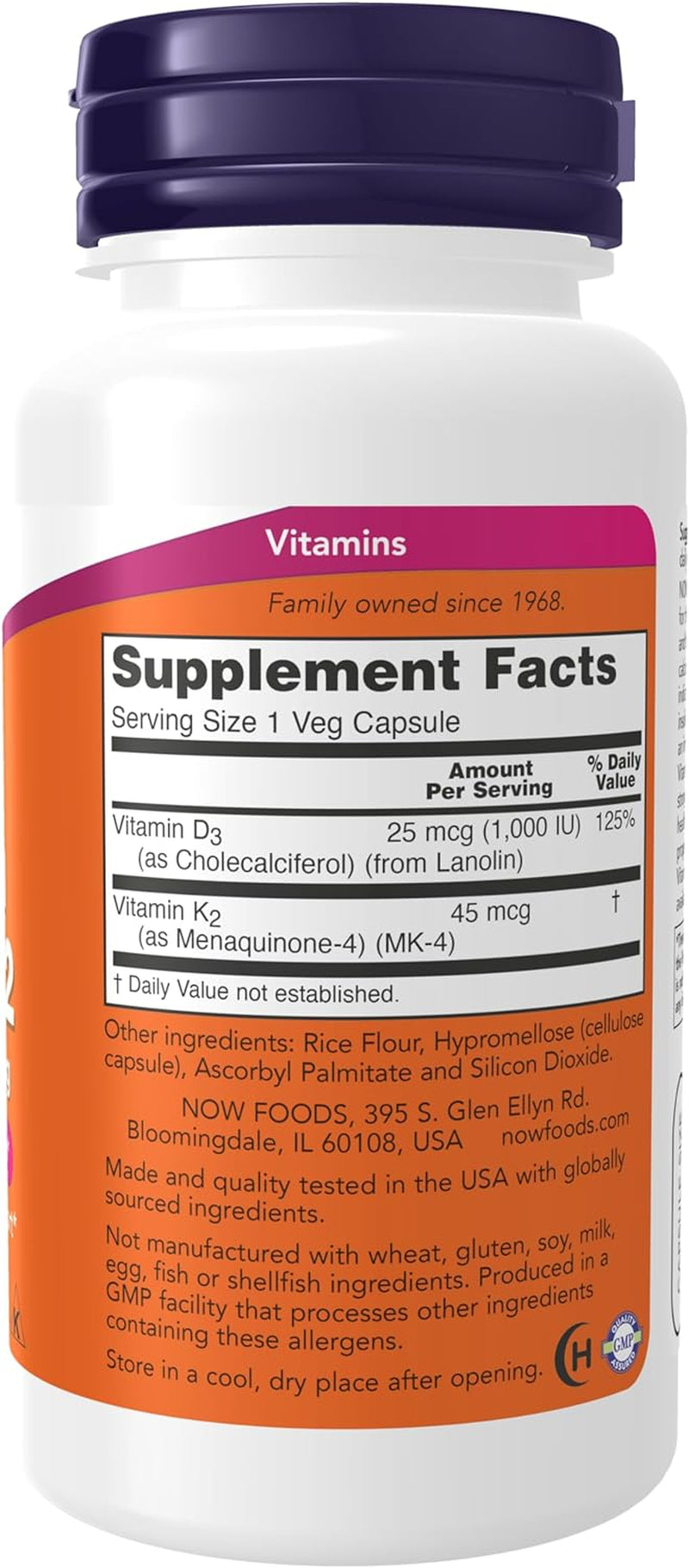 Supplements, Vitamin D-3 & K-2, 1,000 IU/45 Mcg,Plus Cardiovascular Support*, Supports Bone Health*, 120 Veg Capsules