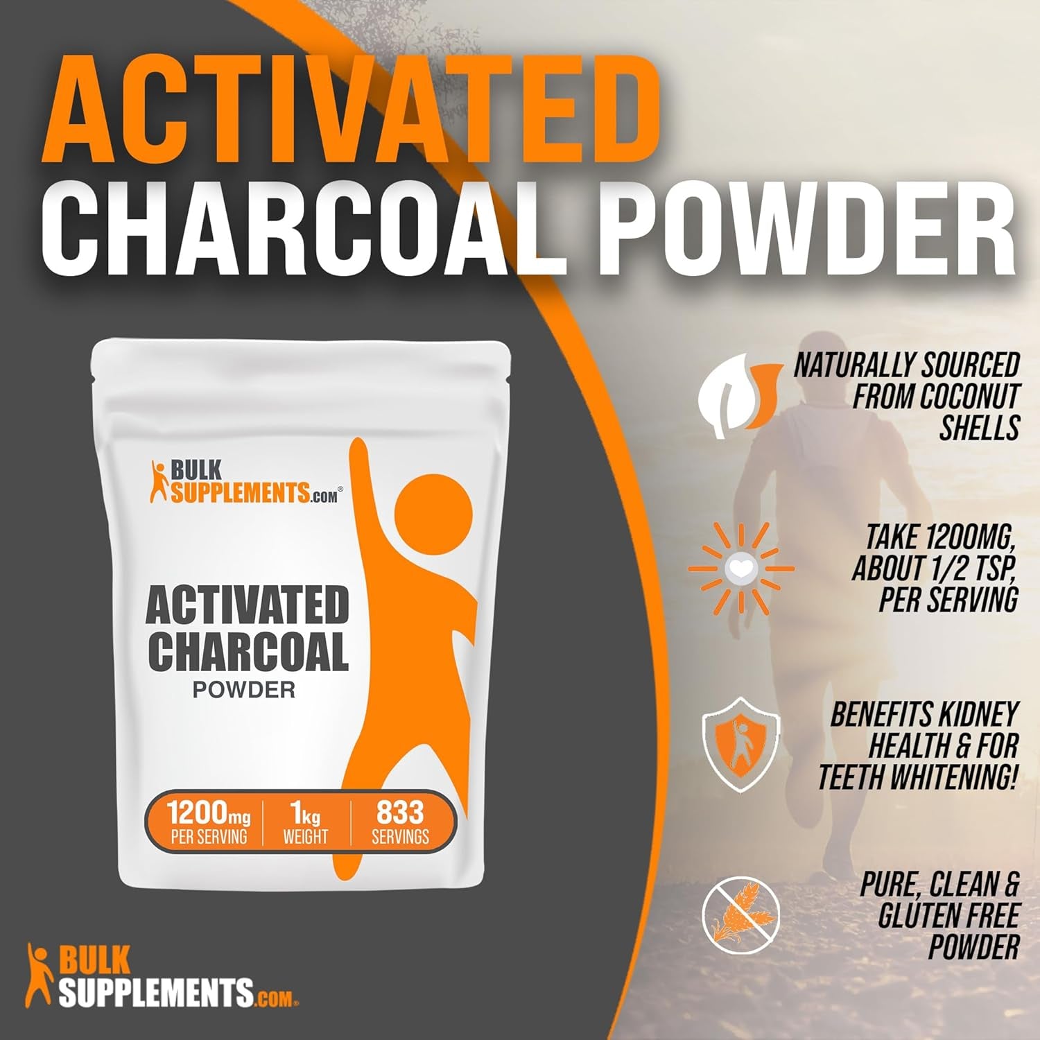 Bulksupplements.Com Activated Charcoal Powder - Coconut Charcoal, Charcoal Powder for Teeth Whitening - Activated Charcoal Odor Absorber, Vegan & Gluten Free - 1200Mg per Serving, 500G (1.1 Lbs)