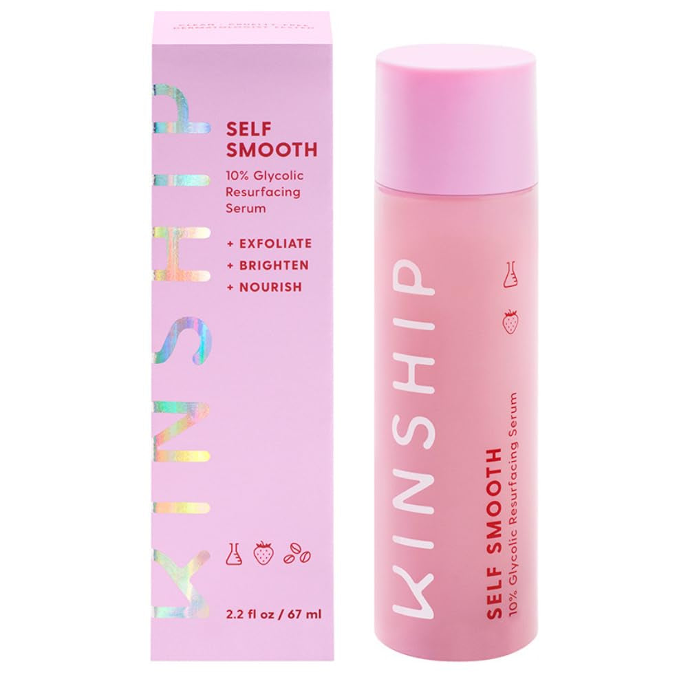 Kinship Self Smooth 10% Glycolic Pore Minimizing Toner-Serum - Exfoliating Glycolic Acid - Overnight Resurfacing Treatment - Brighten, Smooth, Hydrate - AHA + Vitamin C Facial Toner (2.2 Fl Oz)