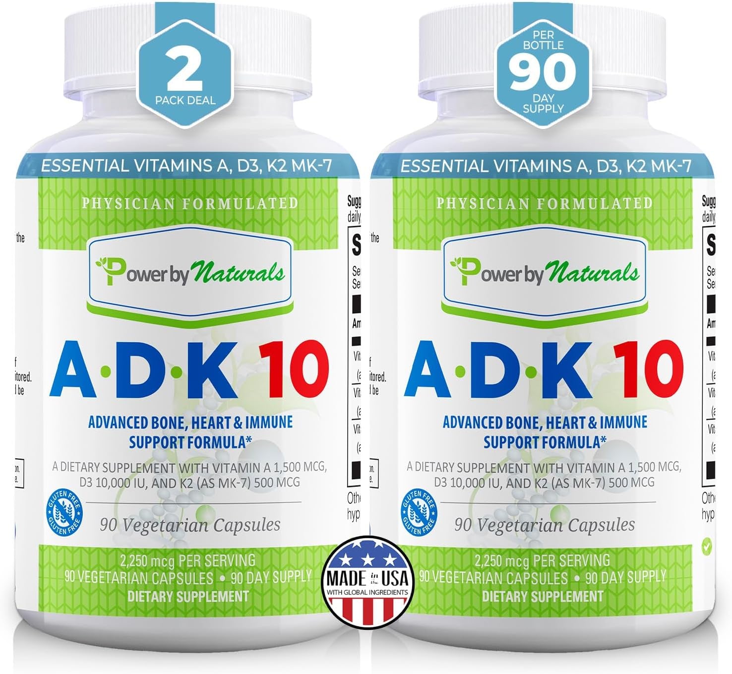 Power by Naturals ADK 10 - Vitamin A, D3 & K2 (MK7), D3 Vitamin 10000 Iu Bone Strength Supplements, Ideal ADK Vitamin Supplement, One-A-Day Bone 