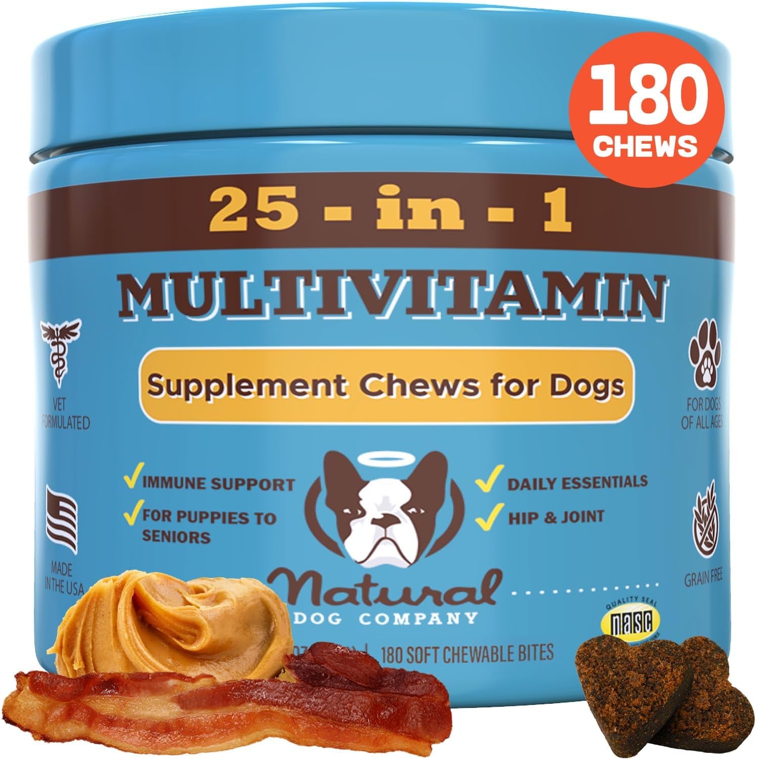 Natural Dog Company Skin & Coat Chews, Salmon & Peas Flavor, Dog Vitamins and Supplements for Healthy Skin & Coat, Itch Relief for Dogs with Allergies, with Biotin, Vitamin E, Omega 3, Antioxidant
