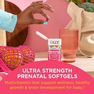 OLLY Ultra Strength Prenatal Multivitamin Softgels with Brain Development Support + Colace Clear Stool Softener Capsules, 28 Count