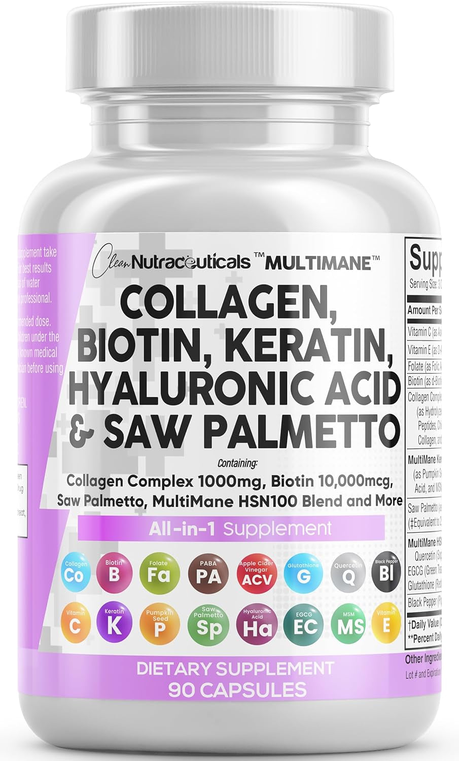 Collagen Pills 1000Mg Biotin 10000Mcg Keratin Saw Palmetto 2500Mg Hyaluronic Acid - Hair Skin and Nails Vitamins and DHT Blocker with Vitamin E Folic Acid Pumpkin Seed MSM - 90 Count