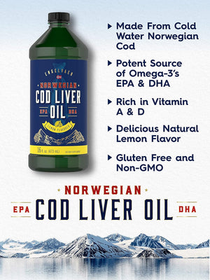 Carlyle Cod Liver Oil Liquid | 16 Fl Oz | Pack of 3 Bottles | Lemon Flavor | Norwegian | Non GMO, Gluten Free