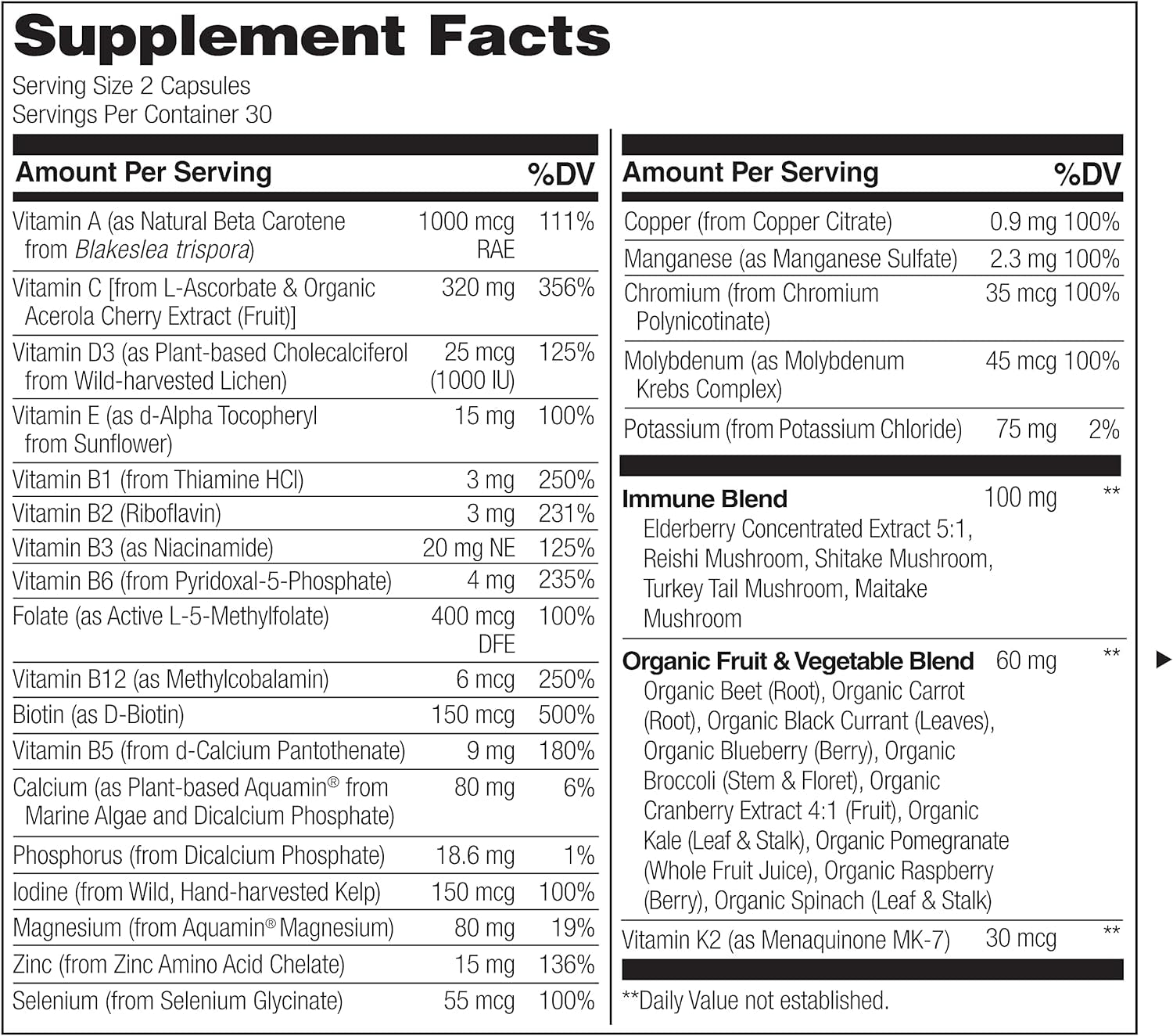 NATURELO Whole Food Multivitamin + Immune Blend with Elderberry & Mushrooms - Complete Multivitamin with Extra Immune Support - C, D3, Zinc, Elderberry, Reishi, Shitake - 60 Vegan Capsules