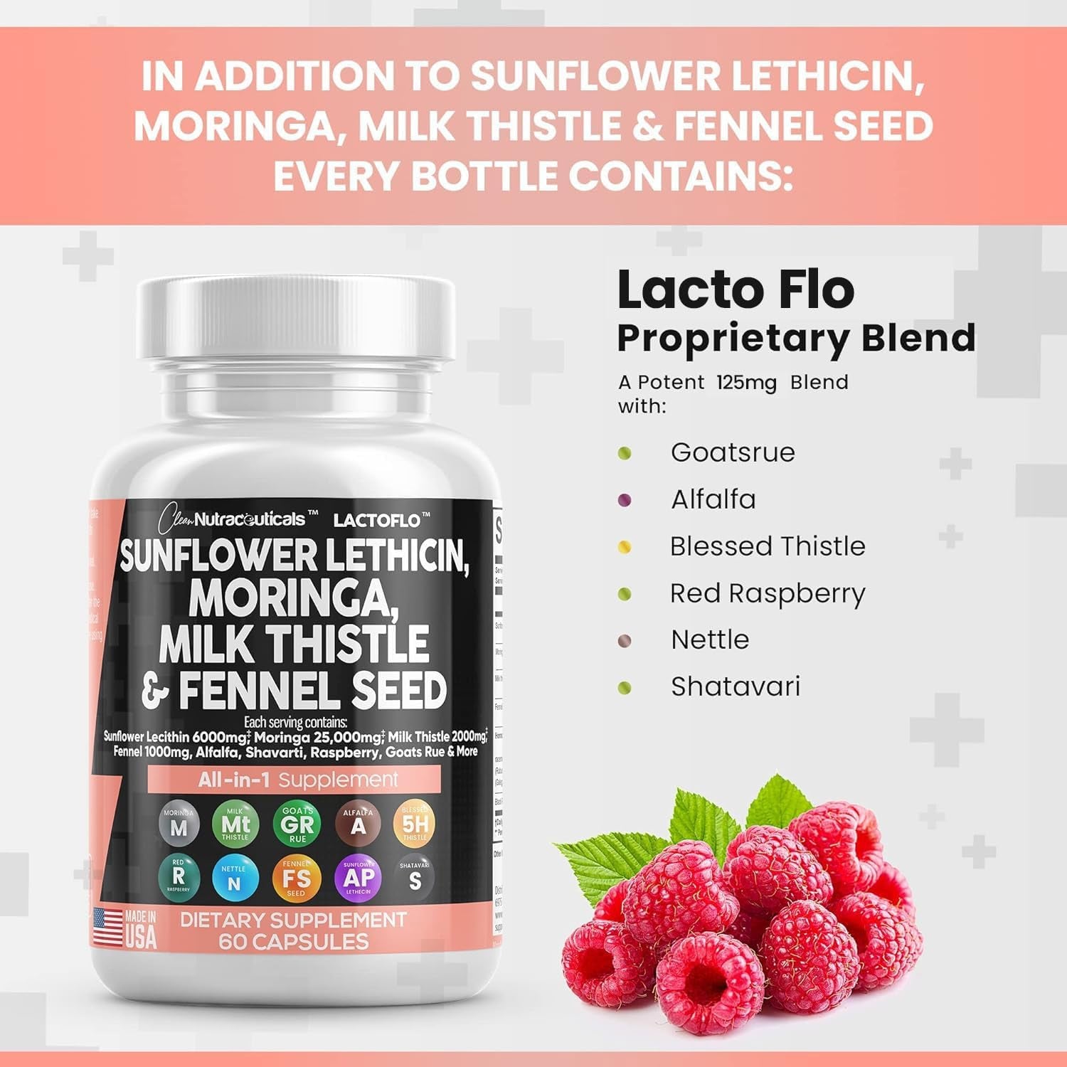 Sunflower Lecithin 6000Mg Lactation Supplement with Moringa 25000Mg Milk Thistle 2000Mg Fennel Seed 2000Mg plus Goats Rue, Shatavari, Alfalfa, & Nettle for Breastfeeding USA 60 Ct