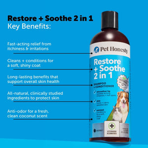 Pet Honesty Restore + Soothe 2 in 1 Shampoo + Conditioner for Sensitive Skin for Dogs & Cats - Dog Skin and Coat Supplement - Soothes Itching, Irritation and Hot Spots (Coconut) - 16Oz