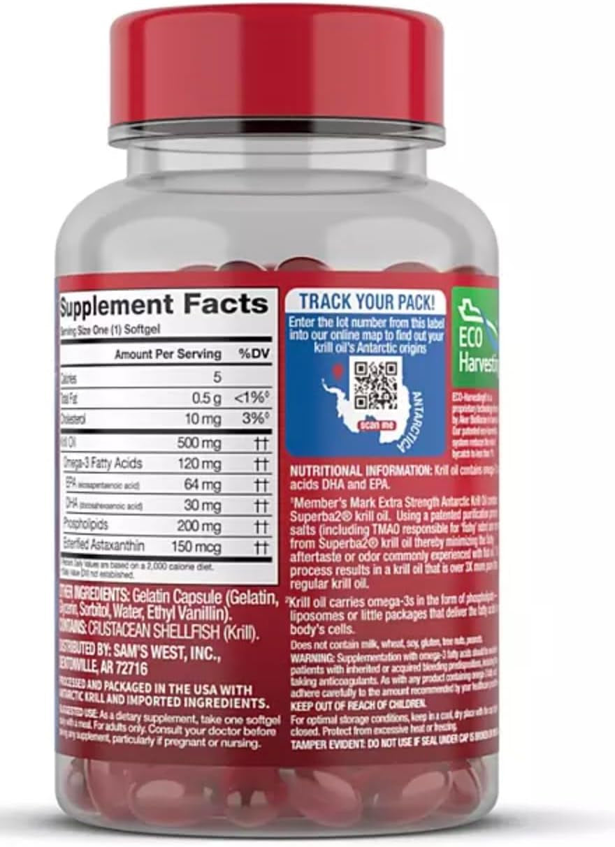 Member Extra-Strength Antarctic Pure Omega-3 Krill Oil, 500 Mg, with EPA, DHA, Astaxanthin Phopholipids, Supports Heart, Brain, Joint and Eye Health,160 Ct. Packaging May Vary,Include Pill Case