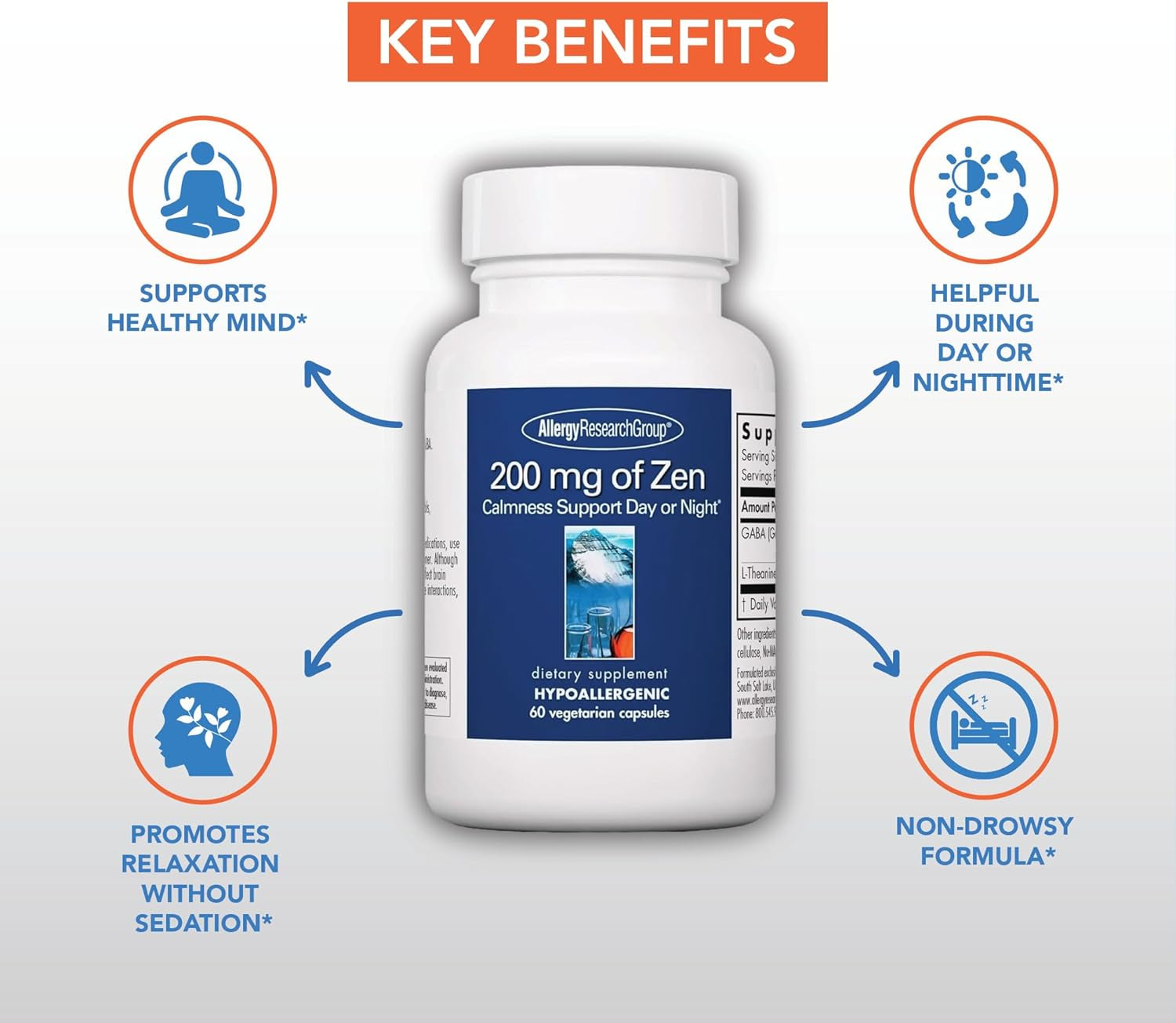 Allergy Research Group 200Mg of Zen Supplement - GABA, L-Theanine, Calmness Support, Day or Night, Hypoallergenic, Vegetarian Capsules - 120 Count 