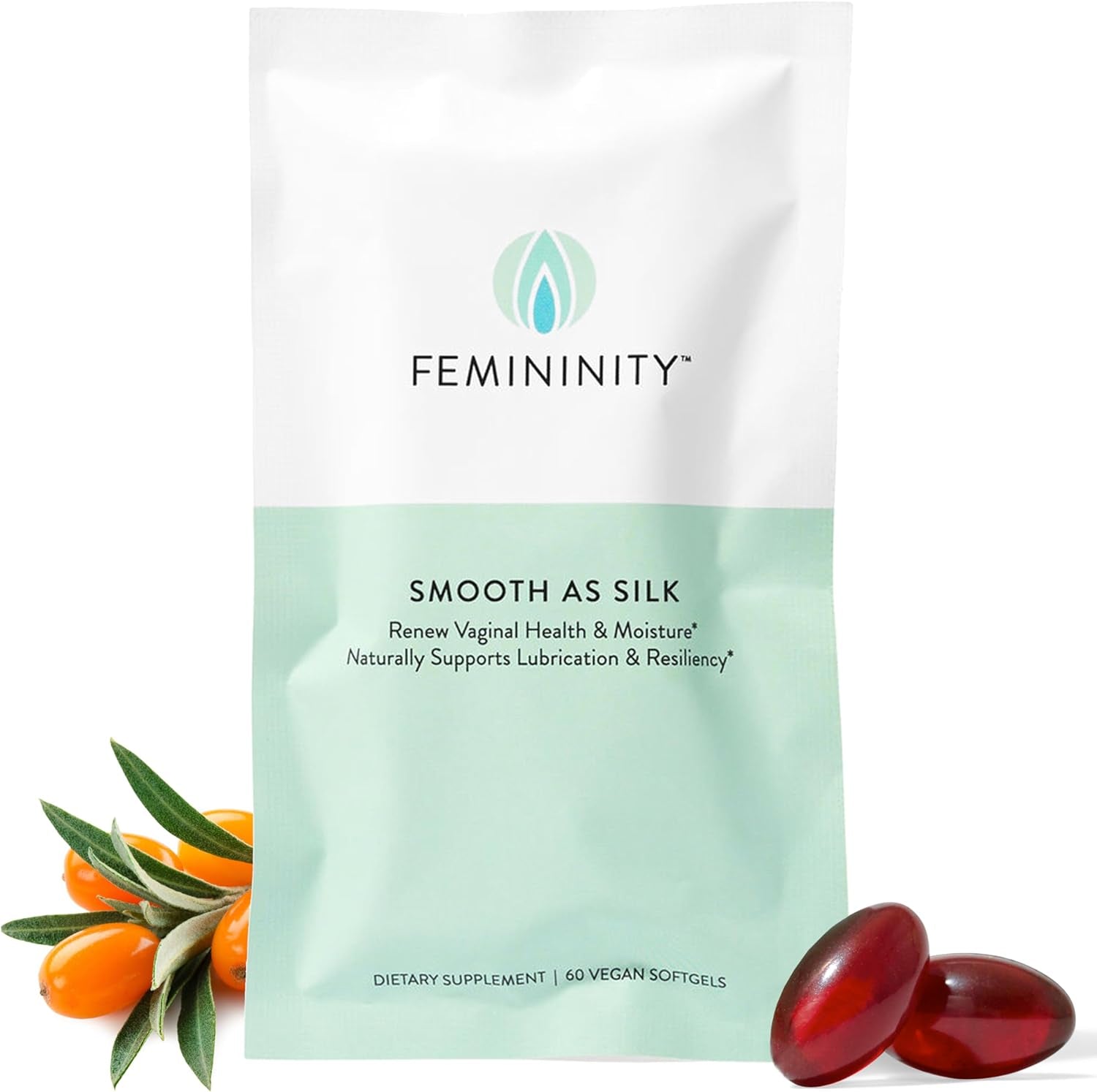 Femininity Smooth as Silk 30-Day Starter Kit for Vaginal Dryness (60 Softgels & Refillable Glass Jar) – Sea Buckthorn Oil with 365Mg Omega 7 + Omega 3 and Omega 9 