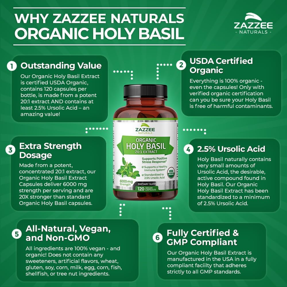 Zazzee USDA Organic Holy Basil 20:1 Extract, 6000 Mg Strength, 2.5% Ursolic Acid, 120 Vegan Capsules, 4 Month Supply, Concentrated and Standardized 20X Tulsi Extract, 100% Certified Organic, Non-Gmo 