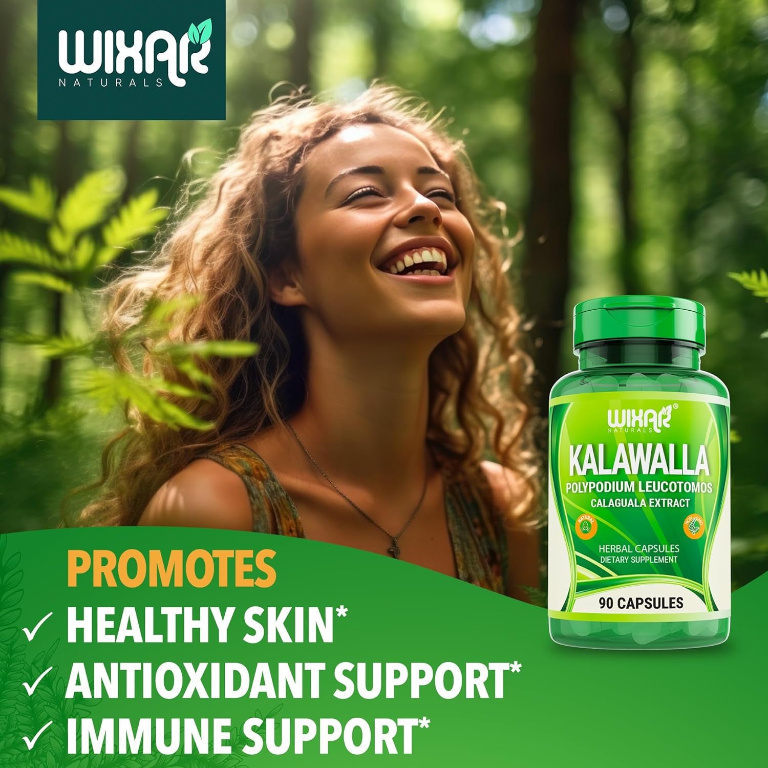 Wixar Kalawalla Capsules – Kalawalla Root & Fern Leaves – Calaguala Extract Herb with Polypodium Leucotomos Pills - Vegetarian Immune, Skin, Alkaline Support Supplements for Men & Women – 90 Capsules
