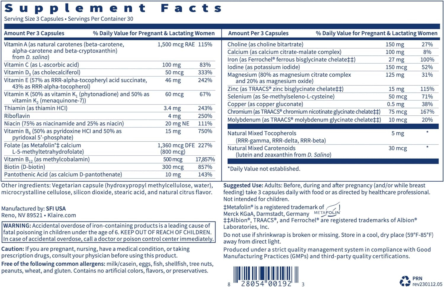 Klaire Labs Prenatal & Nursing Formula - Multivitamin & Multimineral with Chelated Iron & Active Folate for Pregnancy, Breastfeeding and Child-Bearing Years, Dairy-Free (90 Capsules)