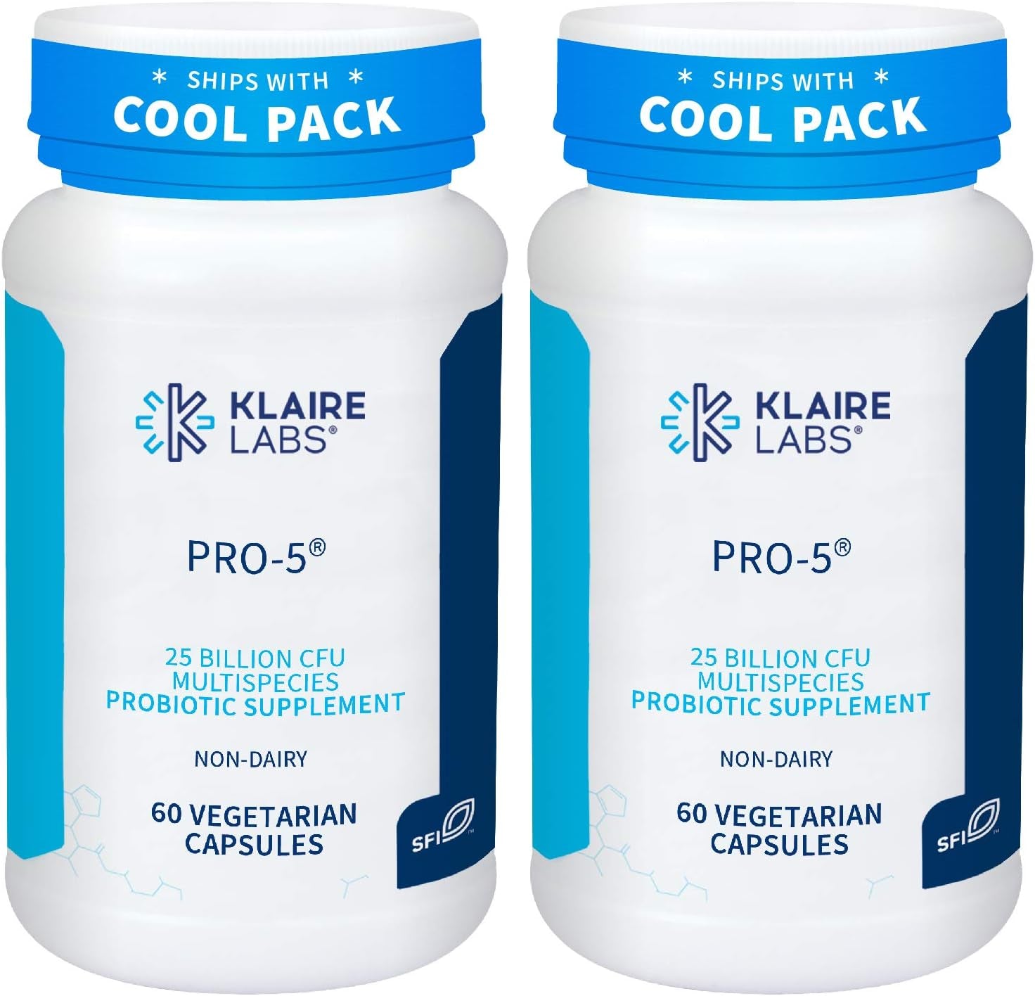 Klaire Labs Pro-5 Probiotic - 25 Billion CFU High Dose Multispecies Gut Recolonization Support for Men & Women, Hypoallergenic & Dairy-Free (60 Capsules, 2 Pack)