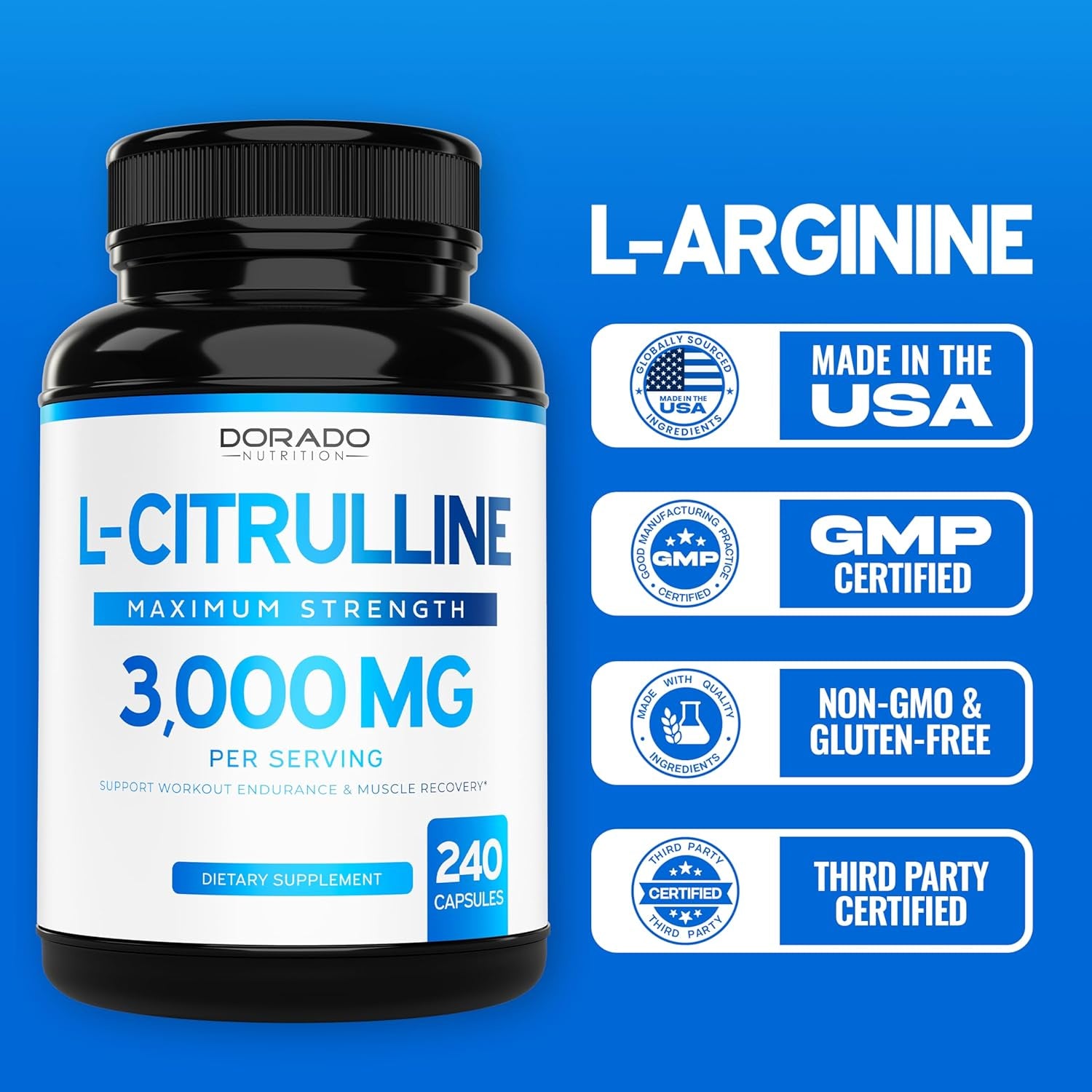 L Citrulline 3000Mg Supplement (240 Capsules) Support L Arginine & Nitric Oxide Pills - Stamina, Endurance, Performance for Workouts - NO Supplements for Men - Gluten Free, Non-Gmo, Vegan Capsules 