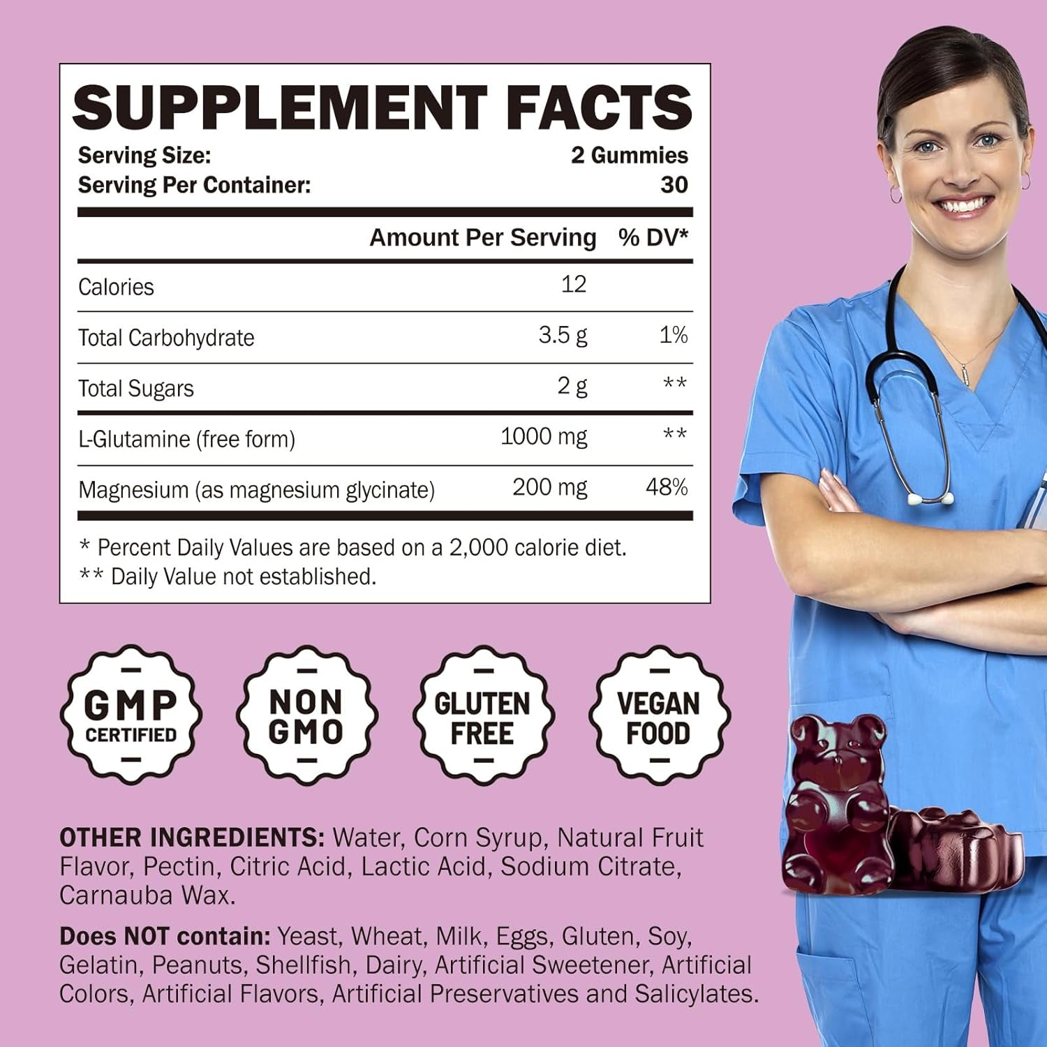 L Glutamine 1000Mg Gummies - Muscle Relief & Immune Support, Amino Acid Supplement with Magnesium Glycinate, Vegan & Non-Gmo, Gluten Free (60 Count)