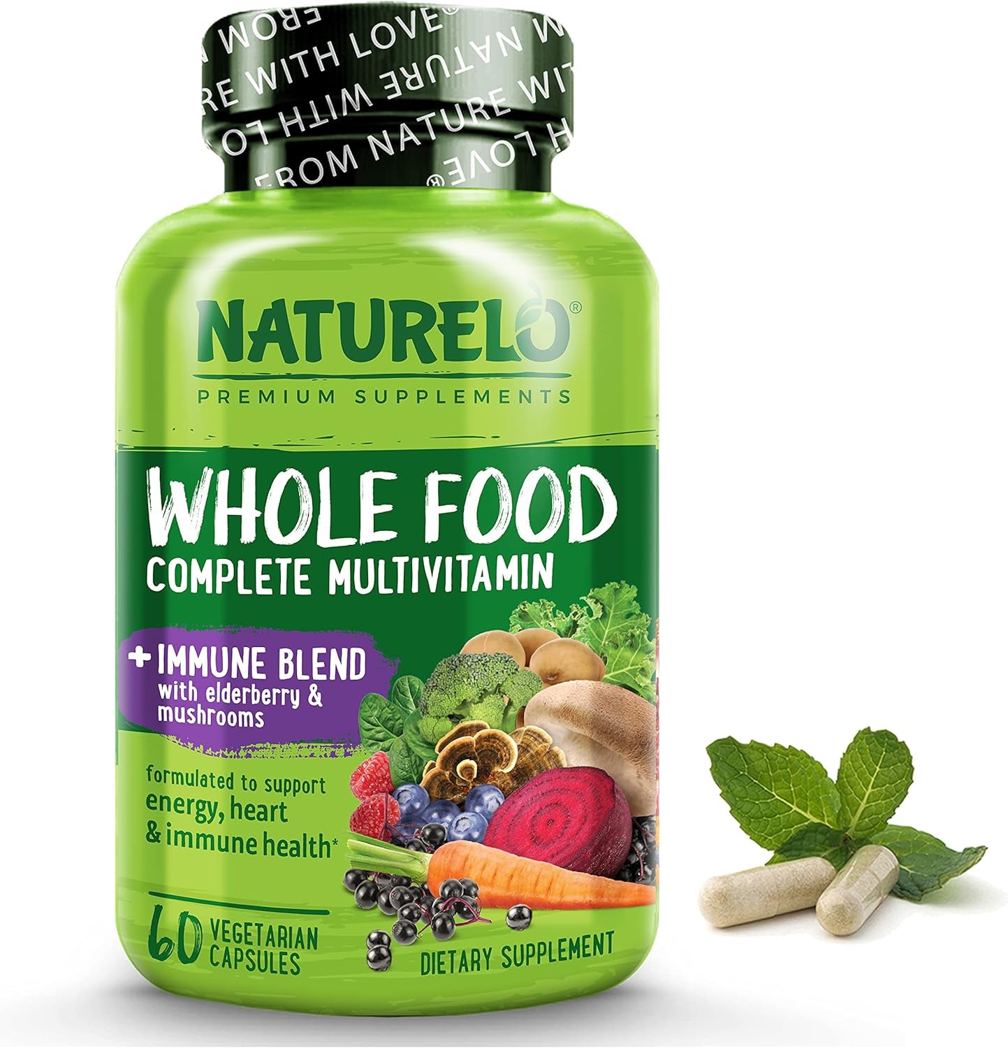 NATURELO Whole Food Multivitamin + Immune Blend with Elderberry & Mushrooms - Complete Multivitamin with Extra Immune Support - C, D3, Zinc, Elderberry, Reishi, Shitake - 60 Vegan Capsules
