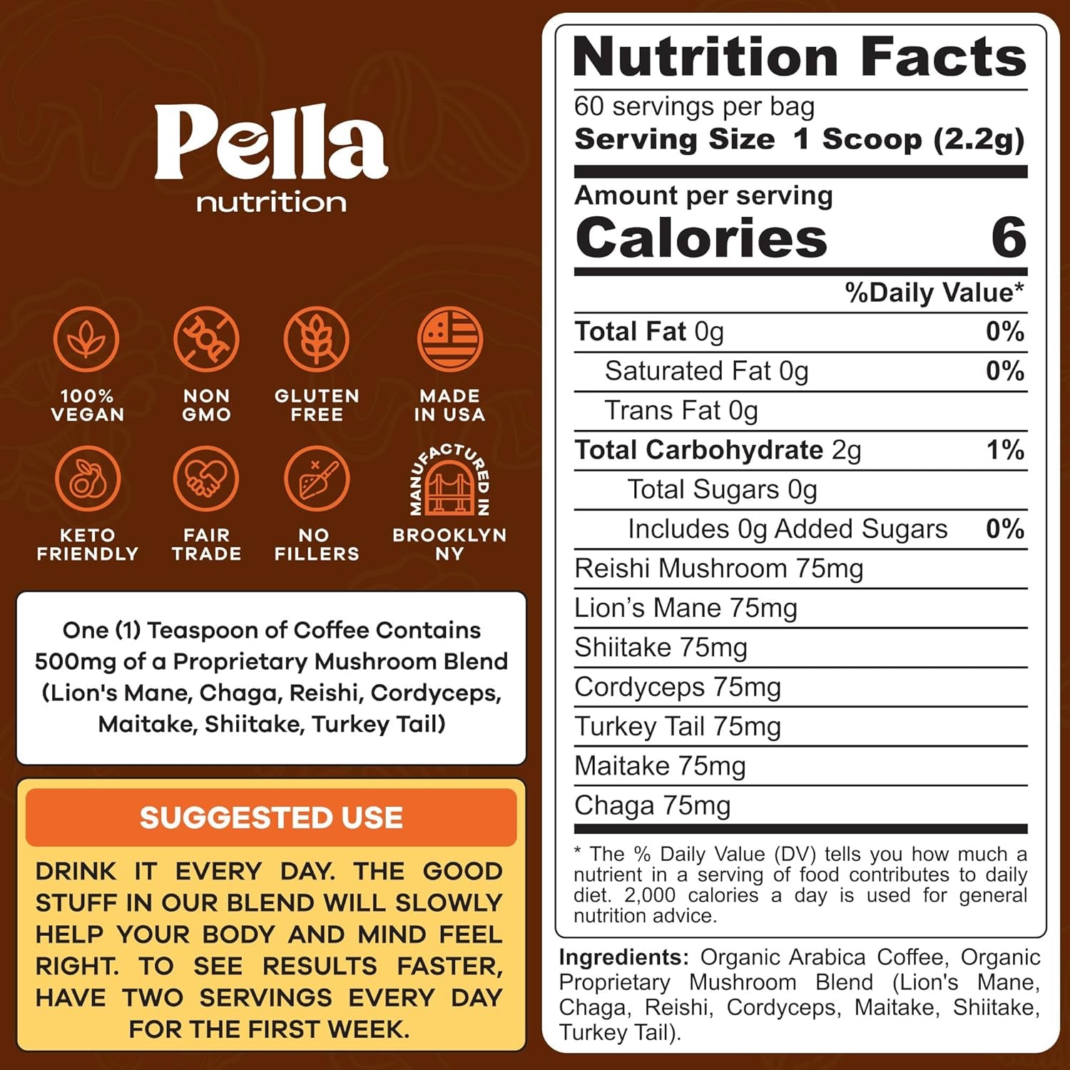 Organic Mushroom Instant Coffee (60 Servings) with 7 Superfood Mushrooms, Great Tasting, Includes Lion'S Mane, Reishi, Chaga, Cordyceps, Shiitake, Maitake, and Turkey Tail