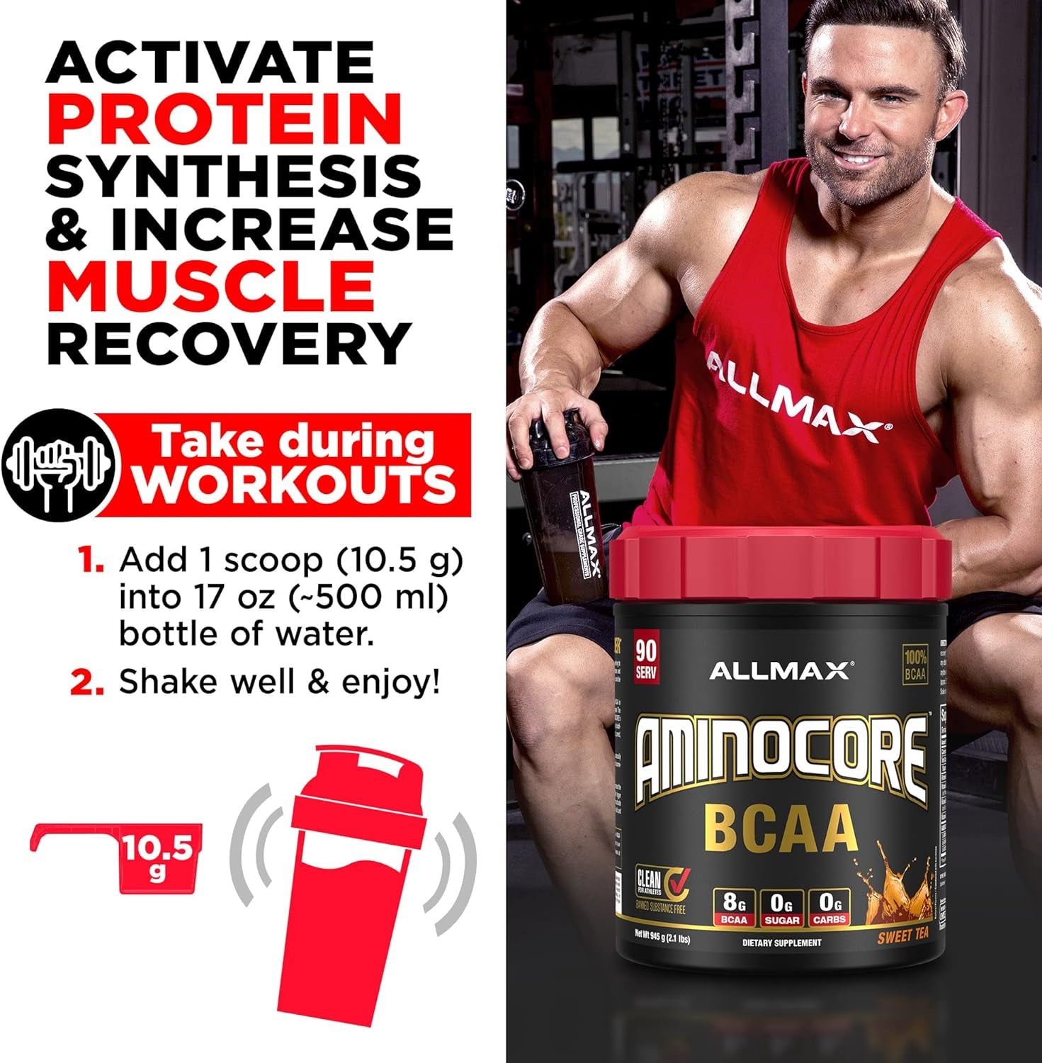ALLMAX Nutrition AMINOCORE BCAA Powder, 8.18 Grams of Amino Acids, Intra and Post Workout Recovery Drink, Gluten Free, Sweet Tea, 945 G