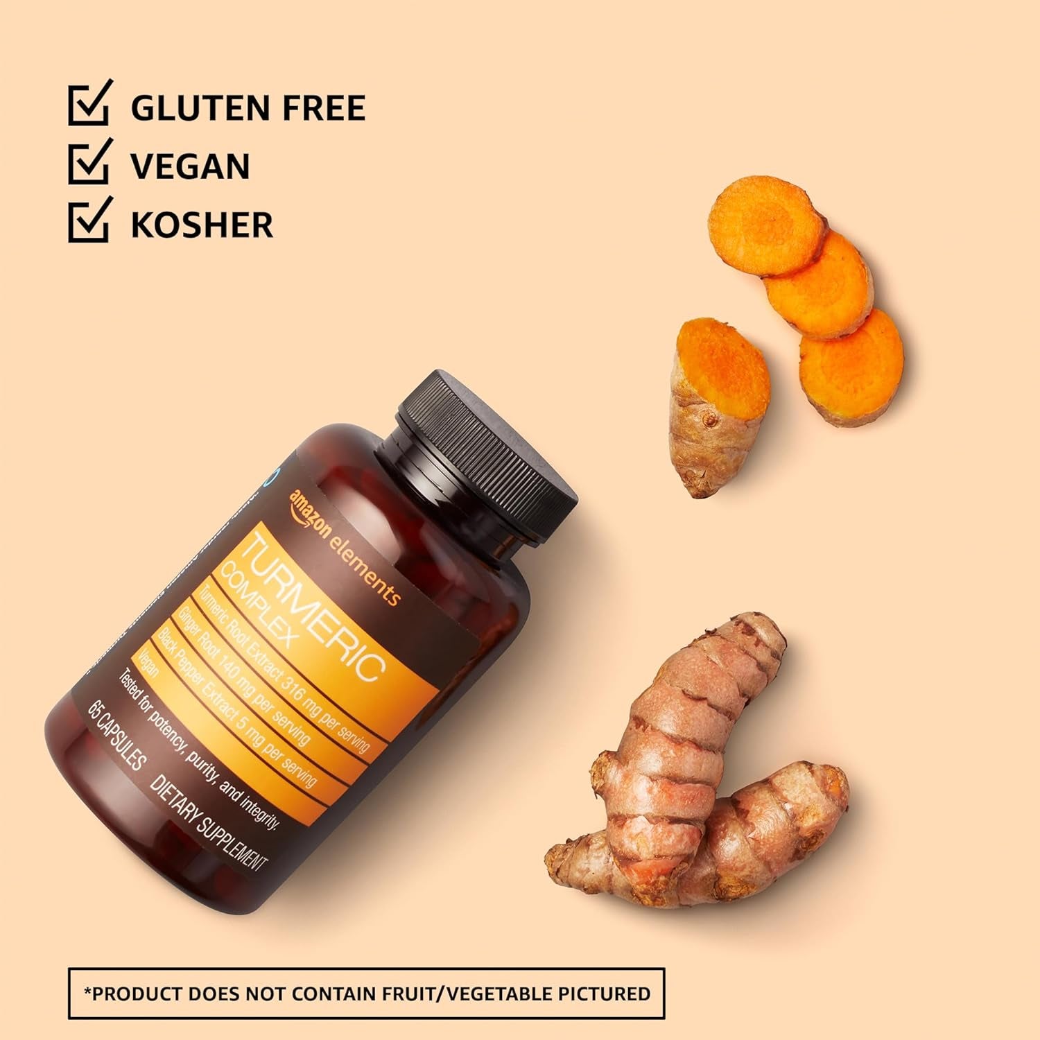 Amazon Elements Turmeric Complex, 316 Mg Curcumin, 140 Mg Ginger, 5 Mg Black Pepper - Joint & Immune System, Healthy Inflammation Response - 65 Capsules (2 Month Supply)