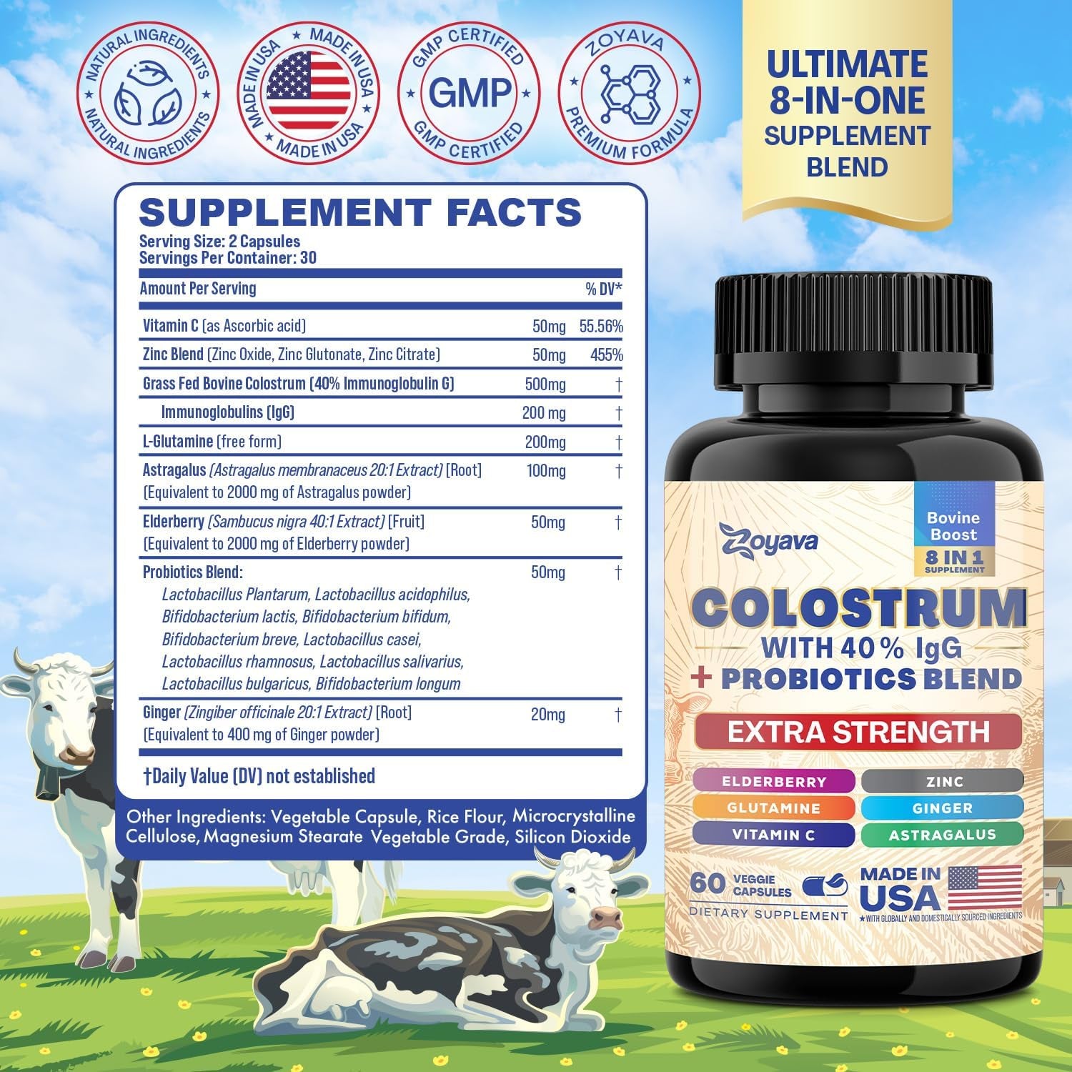 Bovine Colostrum Supplement Capsules, Grass Fed Cow Colostrum with 40% Igg 500MG, Probiotics 50MG, Elderberry 2000MG, L-Glutamine 200MG, Astragalus 2000MG Vitamin C, Ginger, Zinc (60 Capsules)