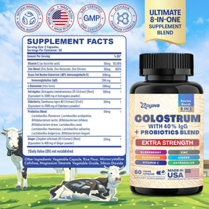 Bovine Colostrum Supplement Capsules, Grass Fed Cow Colostrum with 40% Igg 500MG, Probiotics 50MG, Elderberry 2000MG, L-Glutamine 200MG, Astragalus 2000MG Vitamin C, Ginger, Zinc (60 Capsules)