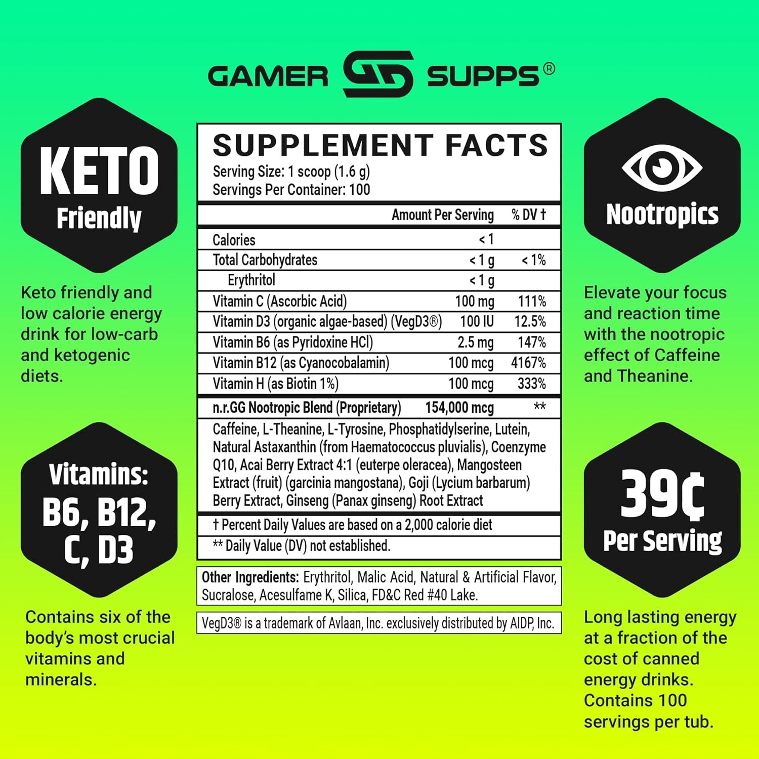 Gamer Supps, GG Energy Lemonade (100 Servings) - Keto Friendly Gaming Energy and Nootropic Blend, Sugar Free + Organic Caffeine + Vitamins + Immune Support, Powder Energy Drink
