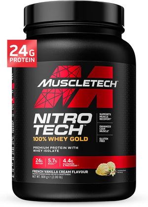 Muscletech Whey Protein Powder (French Vanilla Cream, 2LB) - Nitro-Tech Whey Protein Isolate Smoothie Mix for Lean Muscle & Fast Recovery - 24G of Whey Gold Protein for Women & Men - Gluten-Free 