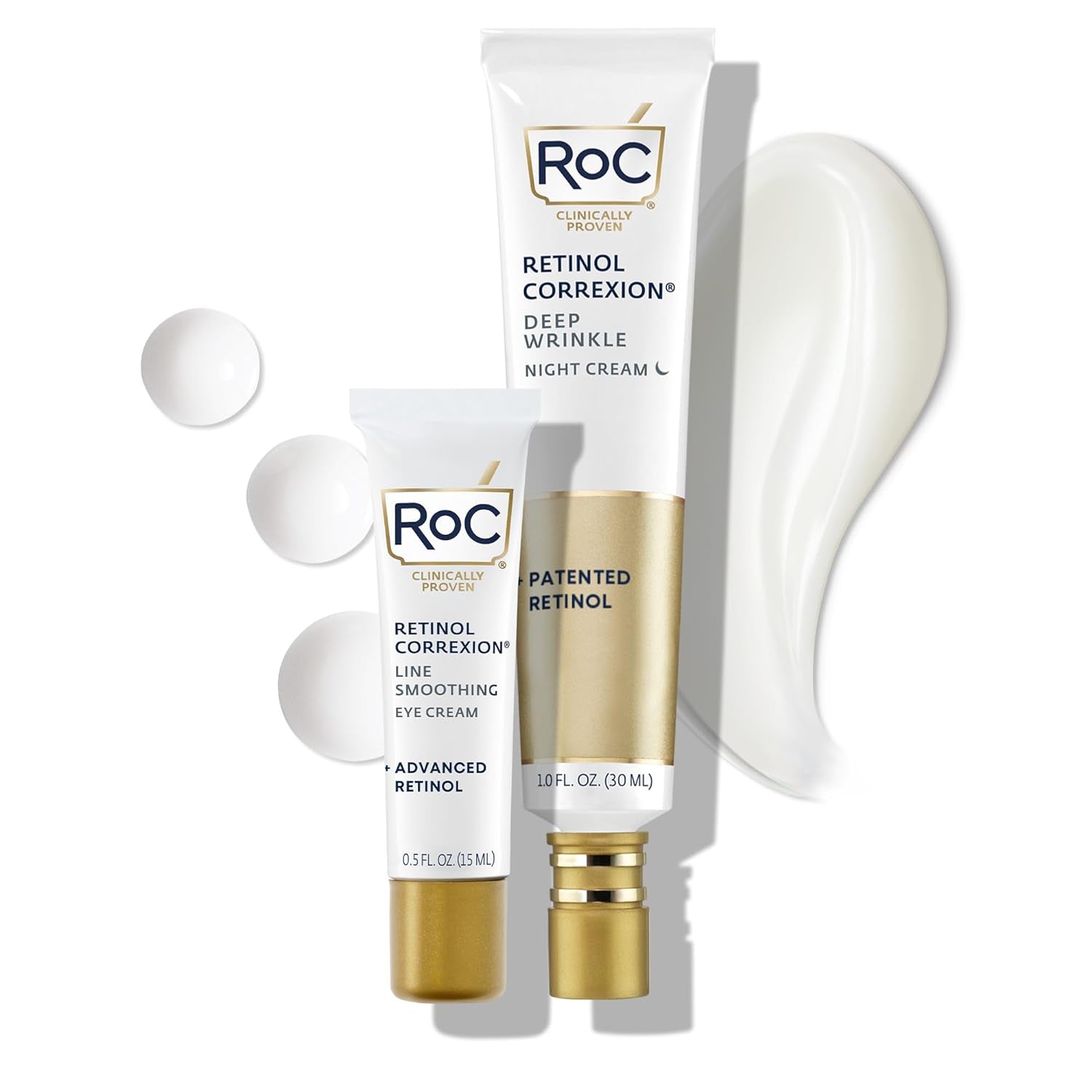 Roc Retinol Correxion Value Set Duo, Deep Wrinkle Anti-Aging Night Face Cream (10 Fl Oz) + Daily under Eye Cream for Dark Circles & Puffiness (.5 Fl Oz), Skin Care Set (Packaging May Vary)