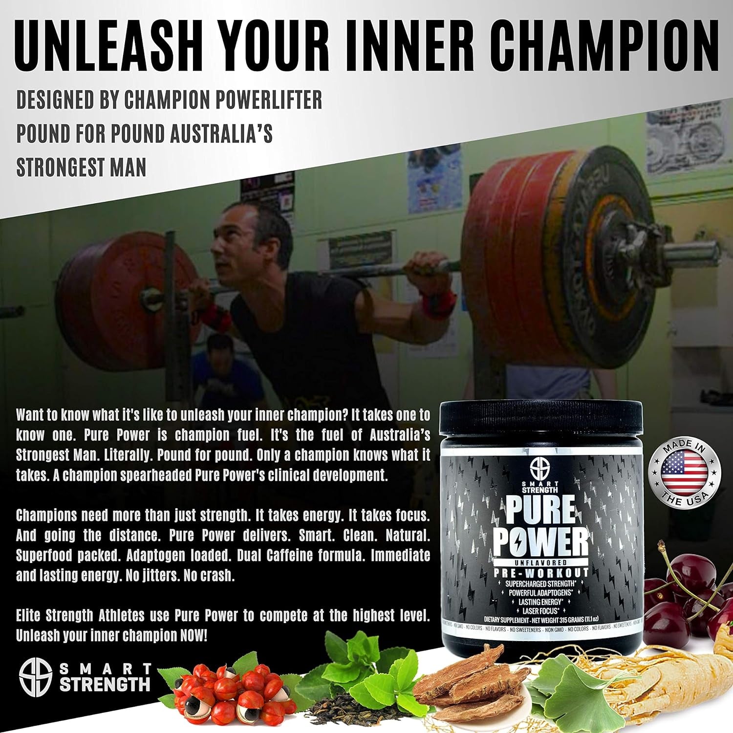 Pre Workout, Best All Natural Preworkout Supplement. Pure Power, Healthy Pump, Clean, Keto Vegan, Paleo, No Sugar Pre Work Out Powder for Men & Women, Strength & Energy - 315G Unflavored