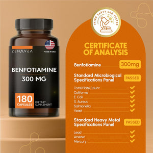 Benfotiamine 300Mg - Benfotiamine B1-180 Capsules (3 Months Supply) - Vegan, Non-Gmo, Gluten-Free