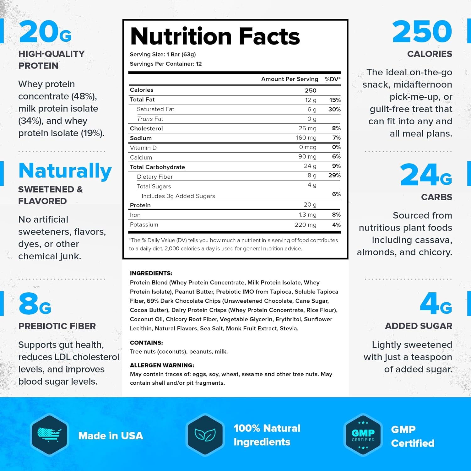 Legion Protein Bar Blueberry Muffin - 100% Whey Protein, Soy Free Protein Bars with Prebiotic Fiber - Low Fat Healthy Protein Bar - Gluten Free, Naturally Flavored, Low Sugar Protein Bars (12 Count)