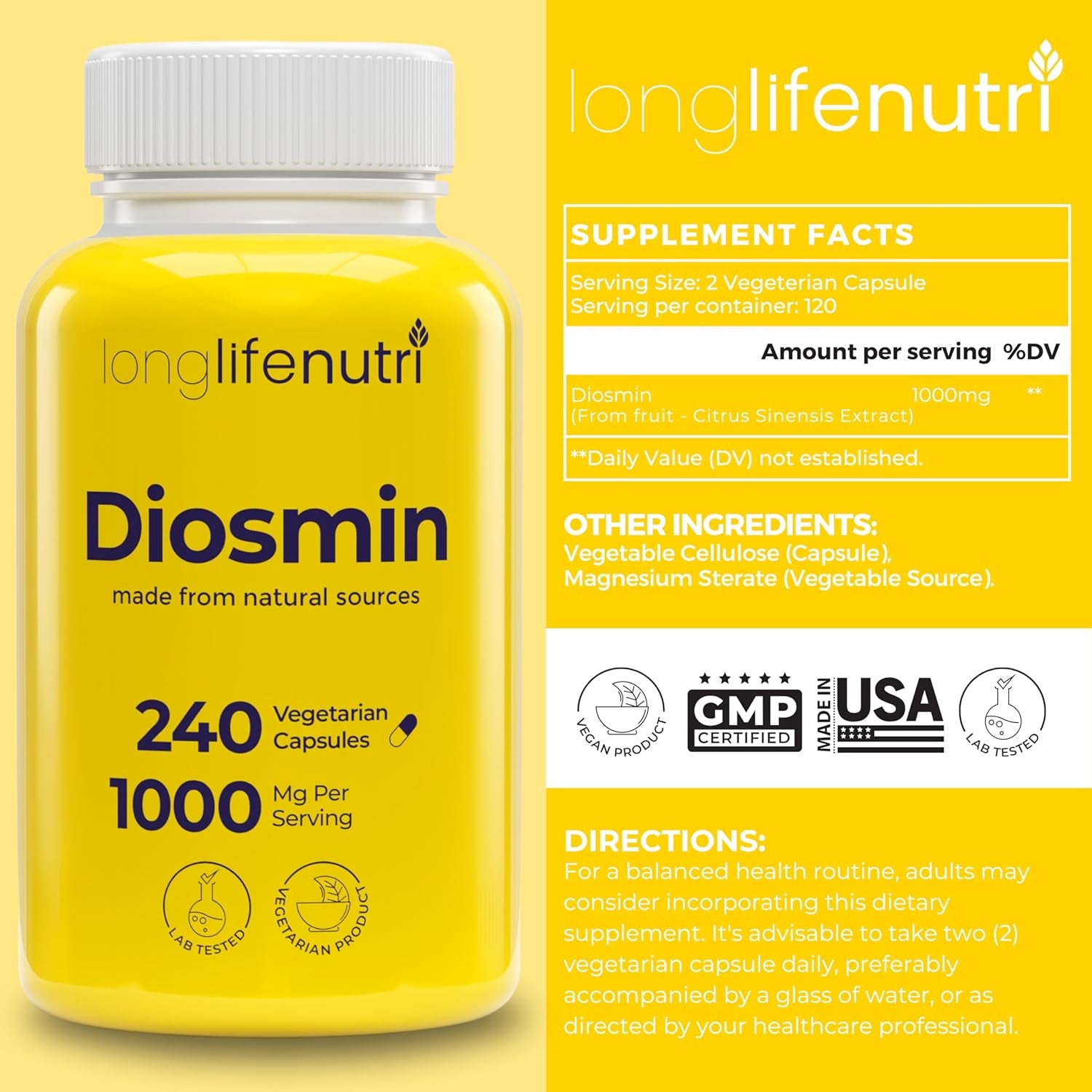 Diosmin 1000Mg Advanced Formula - 240 Capsules for Circulatory Health Support, 4-Month Supply, Non-Gmo, Made in USA - Daily Wellness Supplement