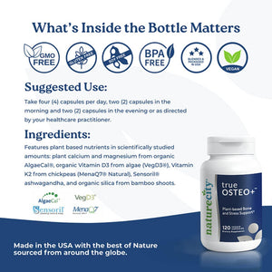 True-Osteo+ Plant-Based Supplement for Bone Strength | Algaecal Calcium & Magnesium, Plant-Based Vitamin D3, Vitamin K2, Silicon, Ashwagandha| Gentle on Stomach (120 Veggie Capsules) 