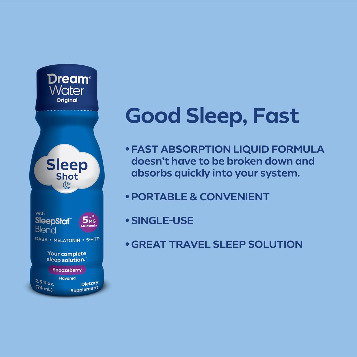 Dream Water Sleep Aid Supplement Liquid Shots; Melatonin 5Mg, GABA, 5-HTP; 2.5 Oz, Sleep Aids for Adults, Snoozeberry Flavor, 16-Count