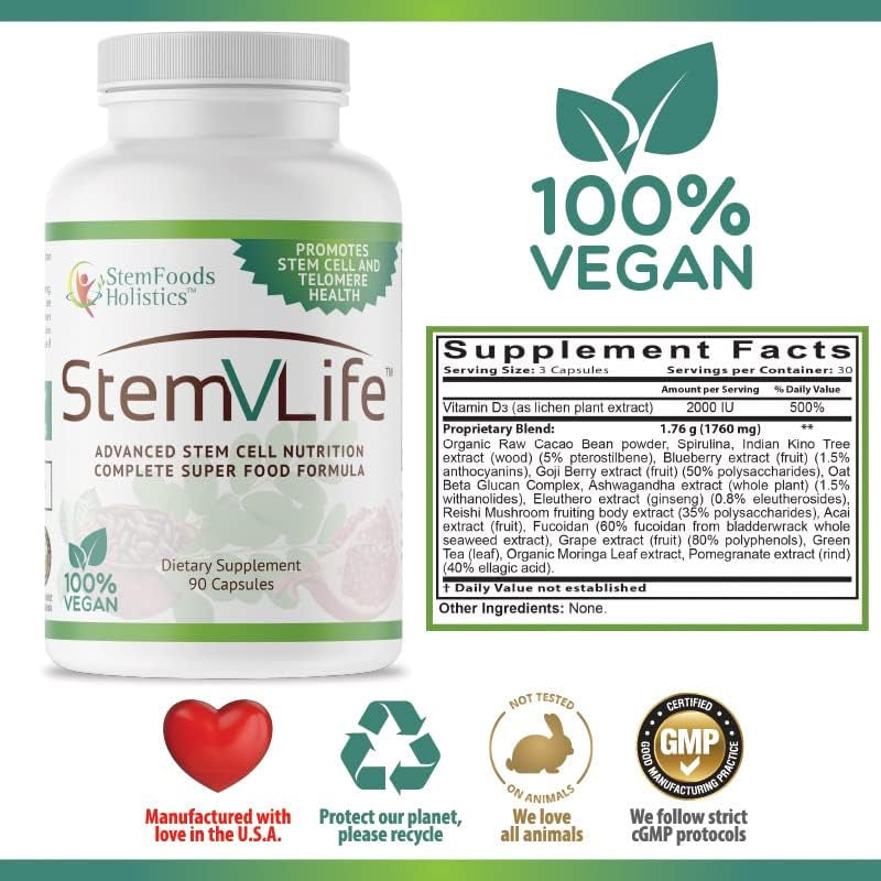 Powerful Stem Cell Formula and Daily Supplement, 90 Capsules, 100% Natural and Vegan
