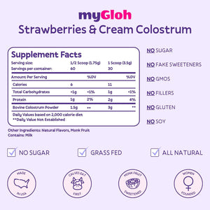 Colostrum Powder Premium | Gut Health & Bloating, Hair Growth & Skin Glow, Immunity | Natural Flavor Strawberries & Cream | Grass-Fed Bovine Colostrum Supplement | High Igg, Gluten Free, Bioactives