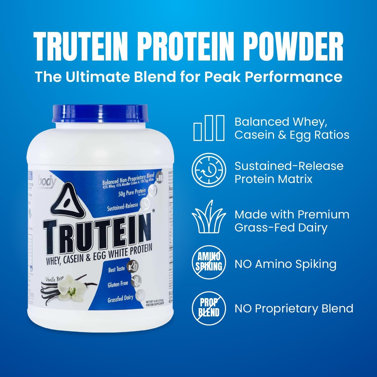 Body Nutrition Trutein High Protein Powder: 45% Whey, 45% Casein, 10% Egg White, Gluten-Free, Low Sodium, Grass Fed Whey Protein Powder, Gym Supplement & Breakfast Shake, Red Velvet Cake, 34G Sample