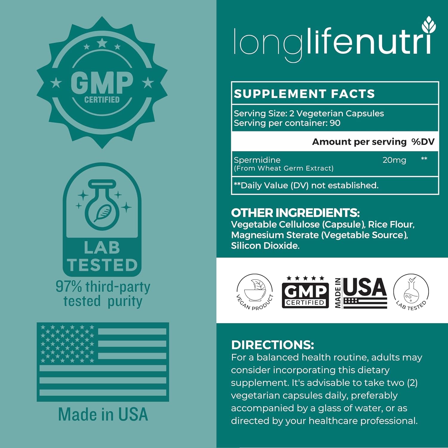 Spermidine 20Mg, Supports Cellular Health & Brain Function - 180 Count, 2 Serving Size, Vegan Capsules, Wheat Germ Extract, Naturally Support Wellness, Lab Tested, Crafted in USA