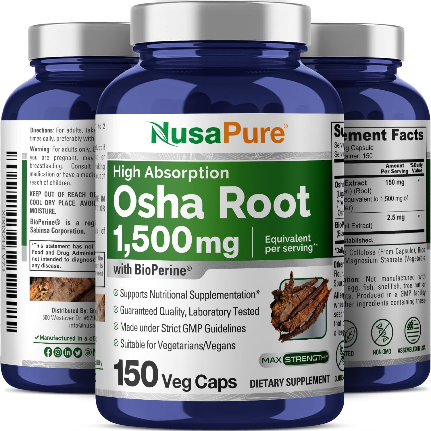 Nusapure OSHA Root Extract 1500 Mg per Vegan Caps - 150 Count (10:1 Extract, Non-Gmo, Gluten Free, Bioperine) Ligusticum Porteri