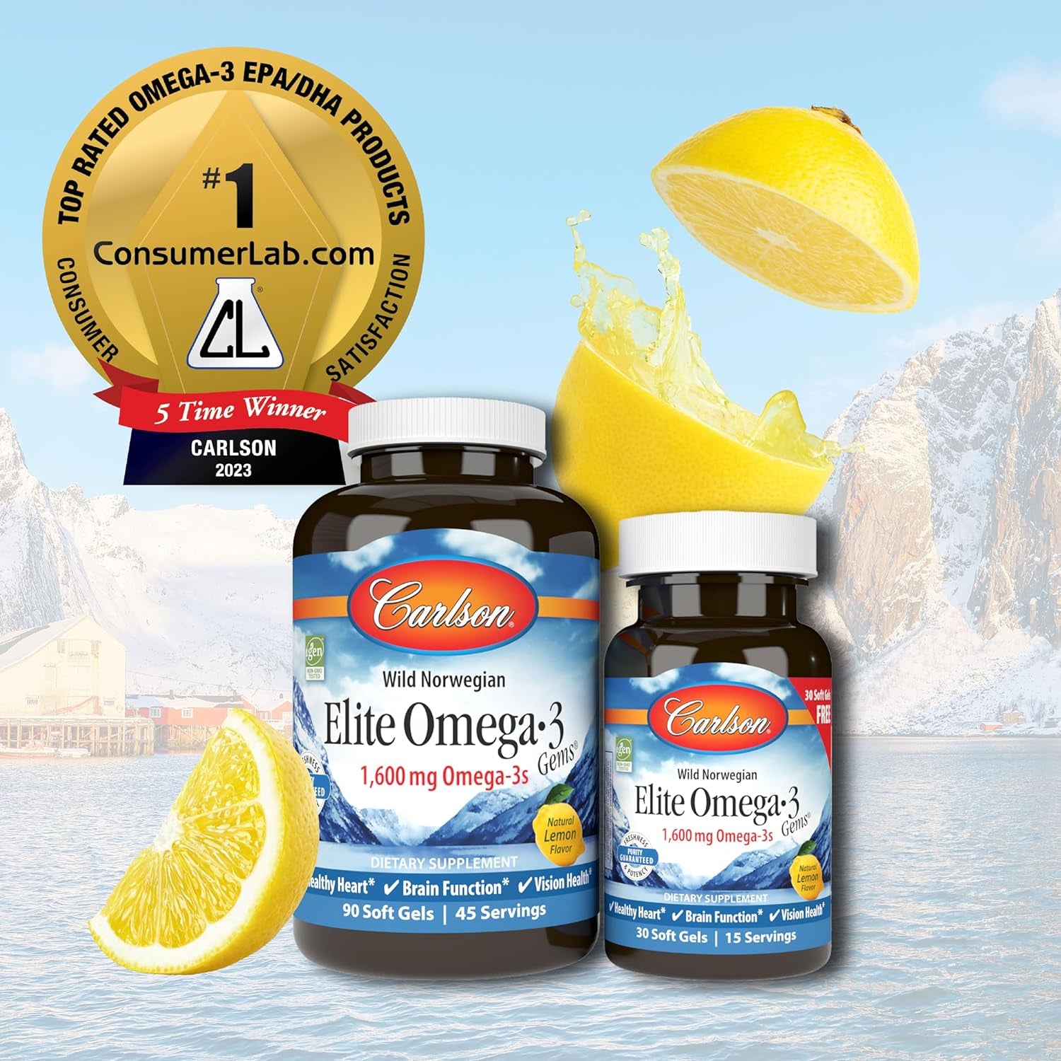 '- Elite Omega-3 Gems, 1600 Mg Omega-3 Fatty Acids Including EPA and DHA, Norwegian Fish Oil Supplement, Wild Caught, Sustainably Sourced Capsules, Lemon, 90+30 Softgels 