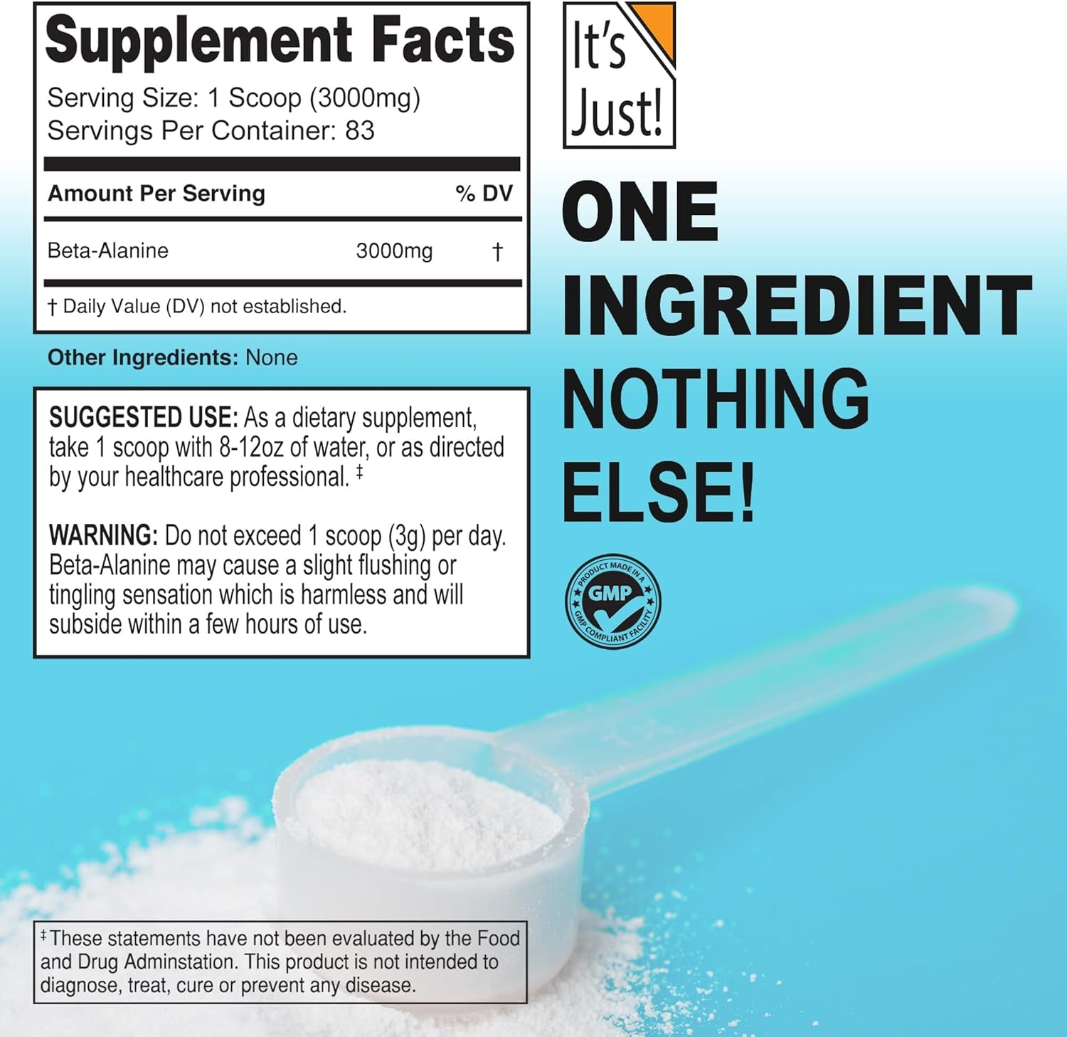 It'S Just! - Beta-Alanine Powder, Pre-Workout Supplement, 250G Bulk, Unflavored, 3000Mg per Serving (250G / 83 Servings)